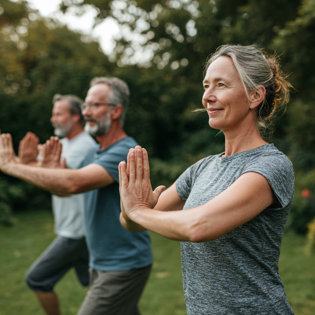 Middle-aged adults practicing gentle movement exercises in natural outdoor setting