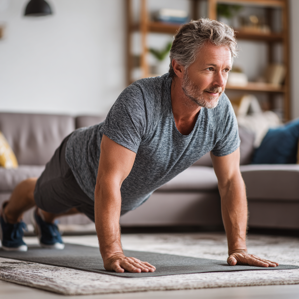Middle-aged person following personalized movement routine at home