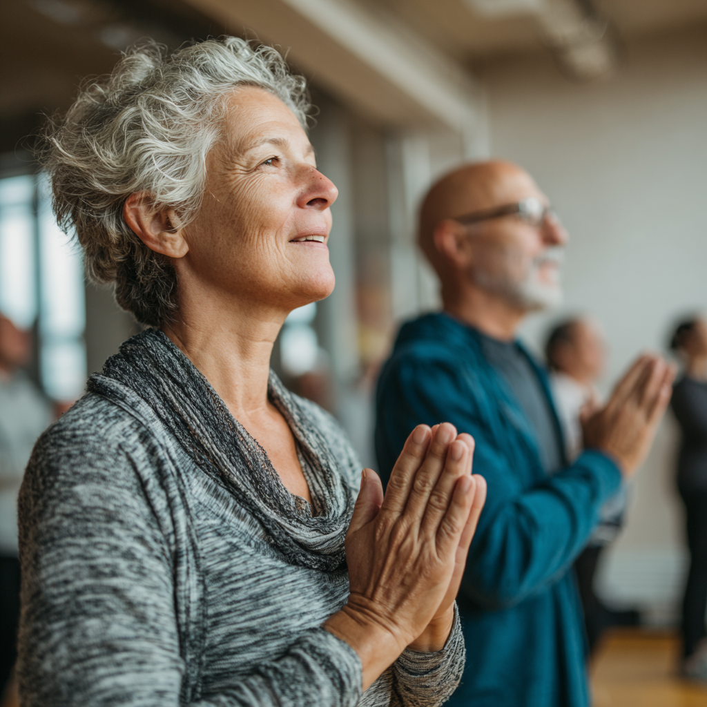 Older adults learning body awareness techniques in calm indoor environment
